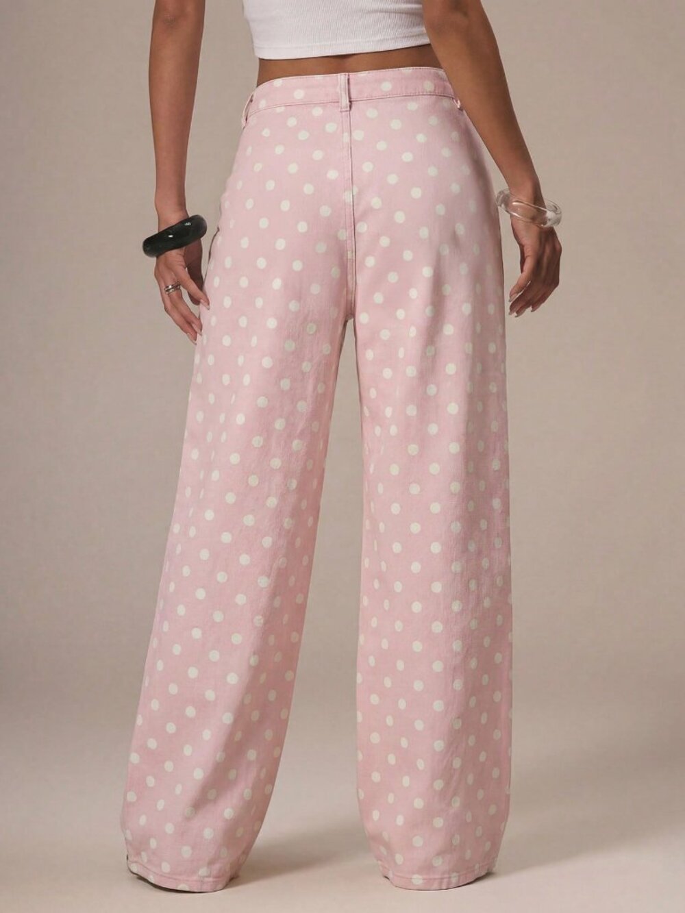 Pink Casual Women's Polka DotDenim Straight Leg Mid Rise Jeans - Picture 2 of 5
